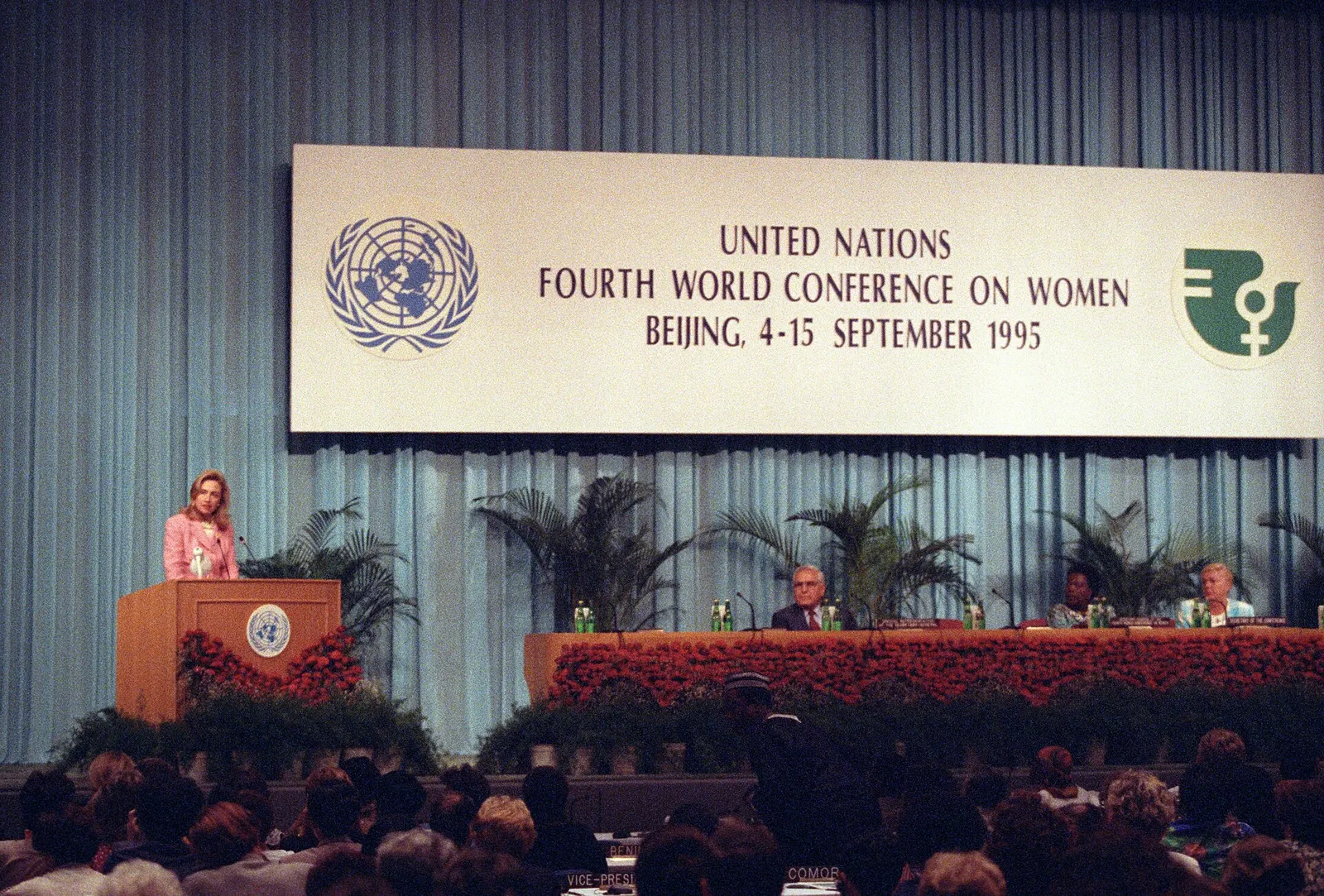 Hillary Rodham Clinton addressing the Fourth World Conference on Women at the Beijing International Conference Center in September 1995
