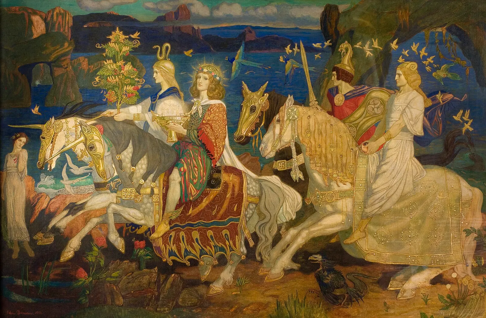 John Duncan's 1911 painting The Riders of the Sidhe, showing the faery host of Celtic legend riding in procession