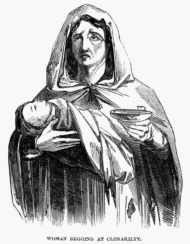 Illustrated London News engraving from 1847 of a woman with a child begging at Clonakilty during the Great Famine, the year that gave Black 47 its name