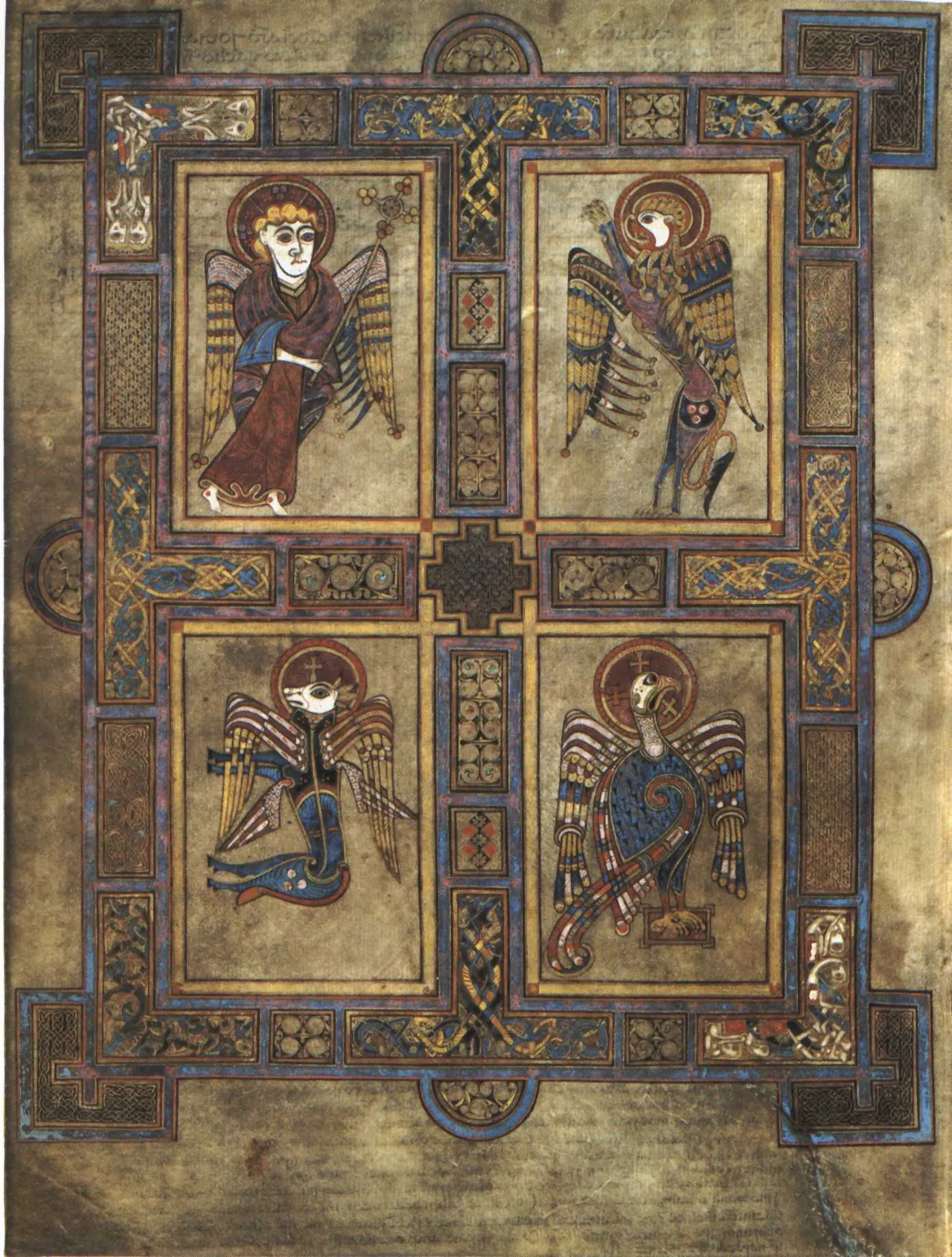 Folio 27v of the Book of Kells showing the symbols of the Four Evangelists: angel, lion, ox and eagle