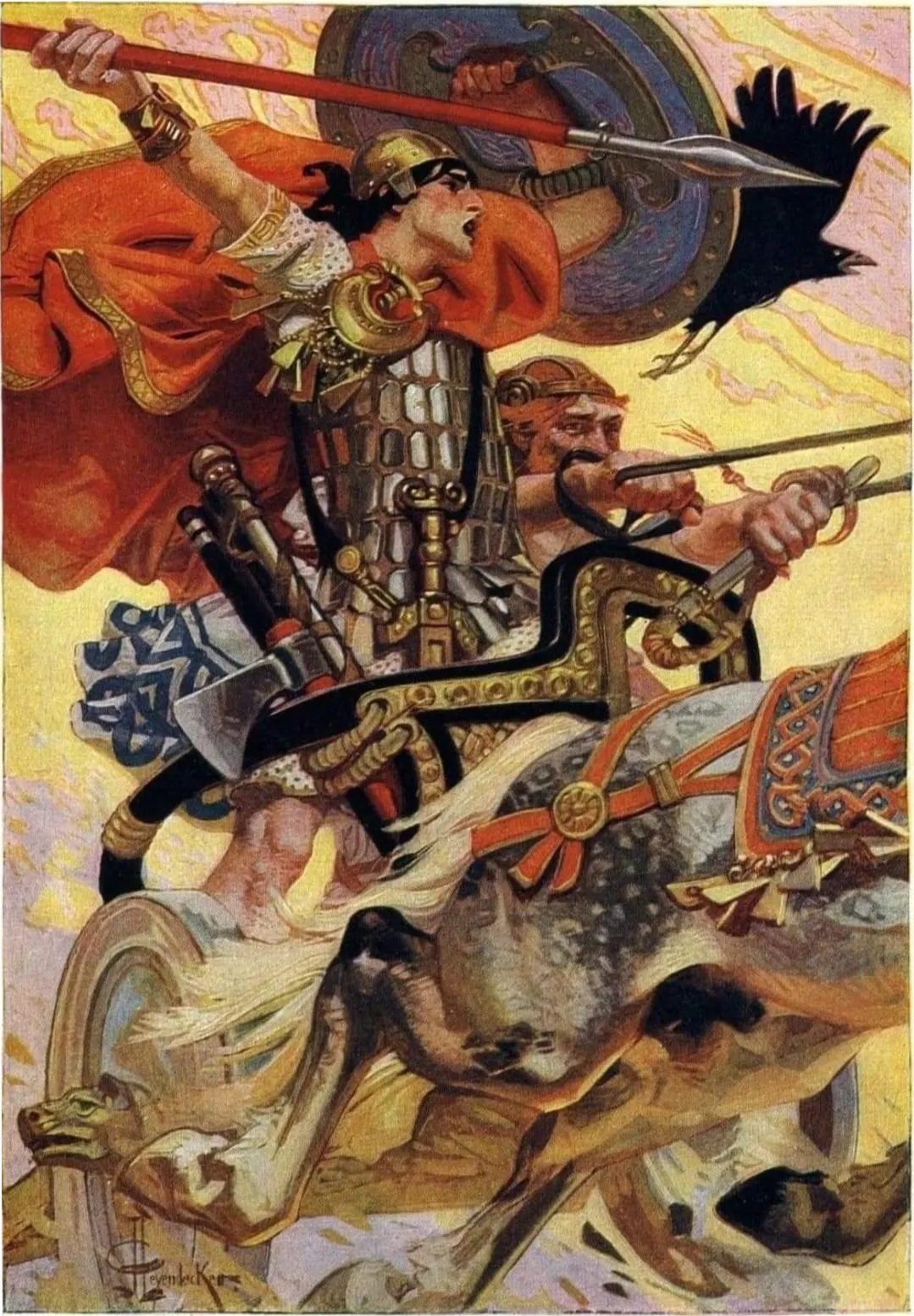 J. C. Leyendecker illustration of the Ulster hero Cú Chulainn in battle, the only warrior to accept Cú Roí's beheading challenge