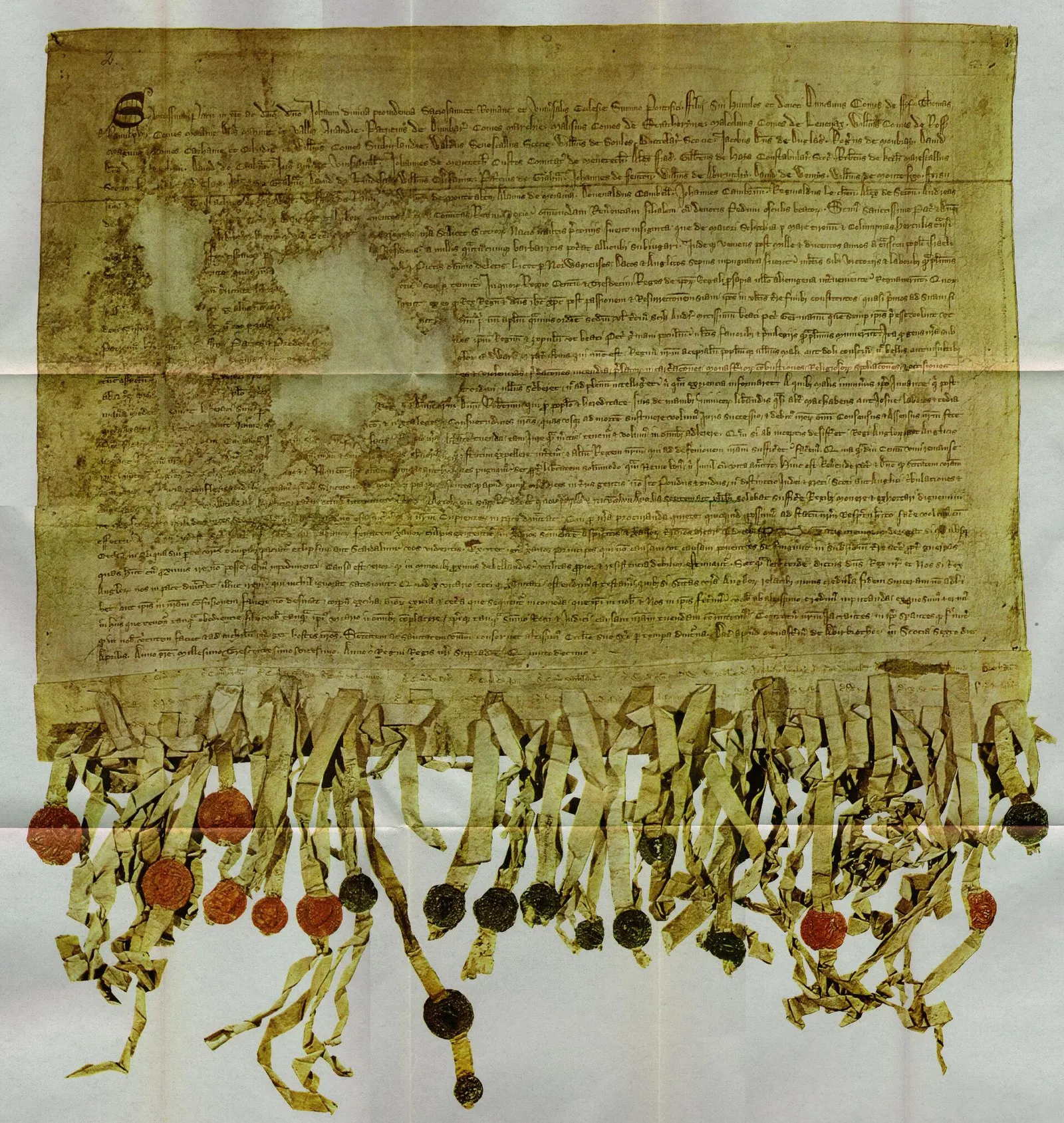 Reproduction of the Tyninghame copy of the Declaration of Arbroath, the 1320 Scottish letter that Dick Gaughan published on his website