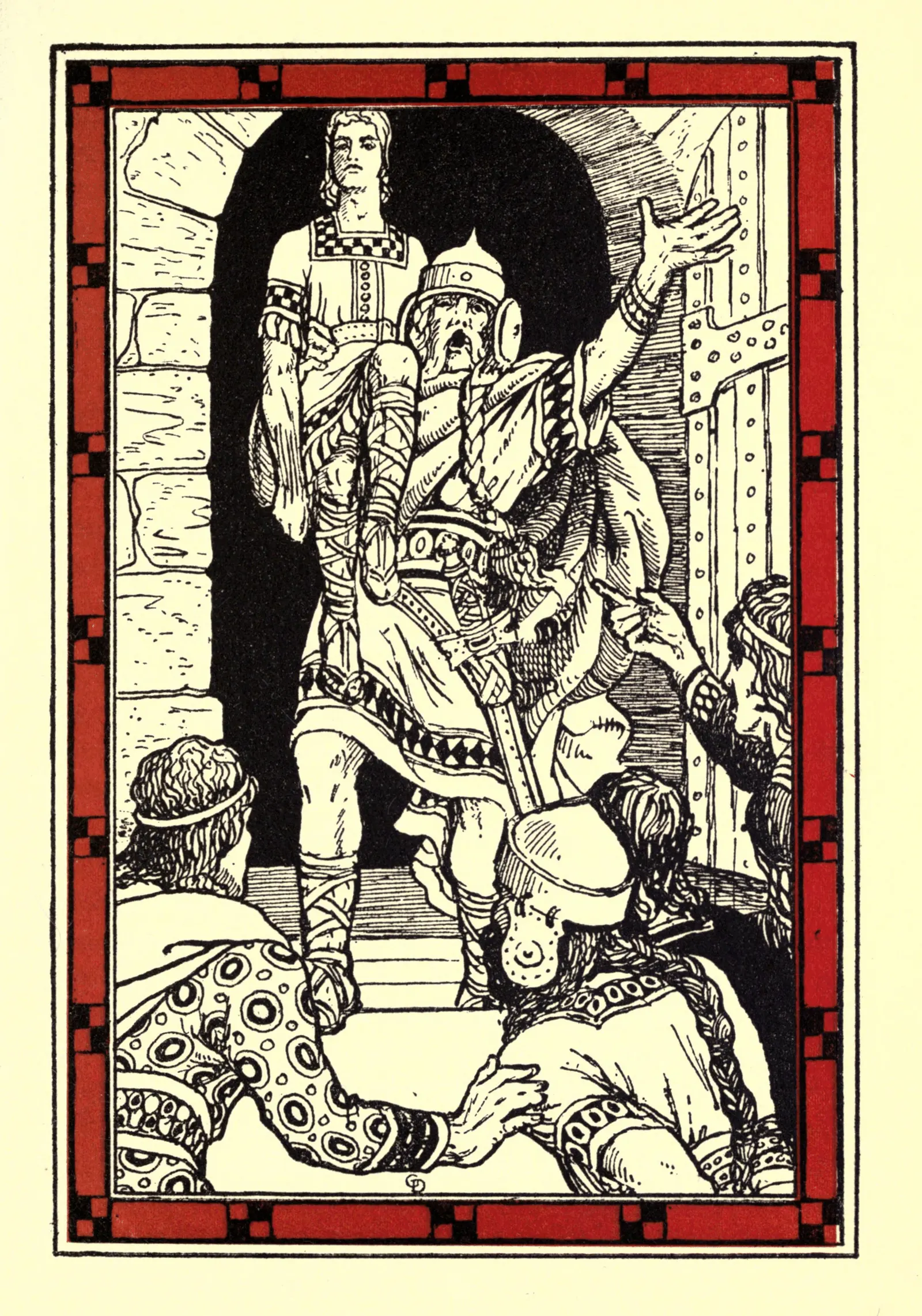 Early 20th-century illustration by George Denham of the warrior Fergus mac Roich carrying the boy Setanta on his shoulder