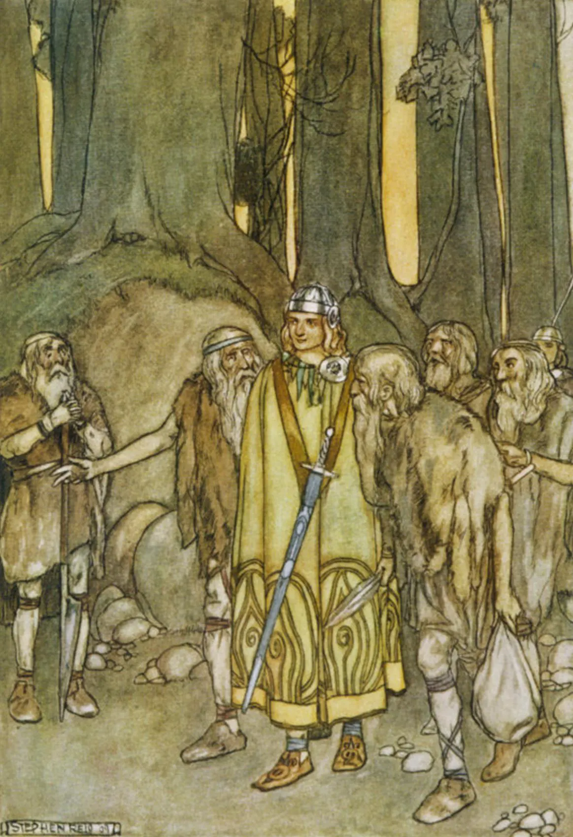 Stephen Reid illustration of Finn McCool coming to the aid of the Fianna