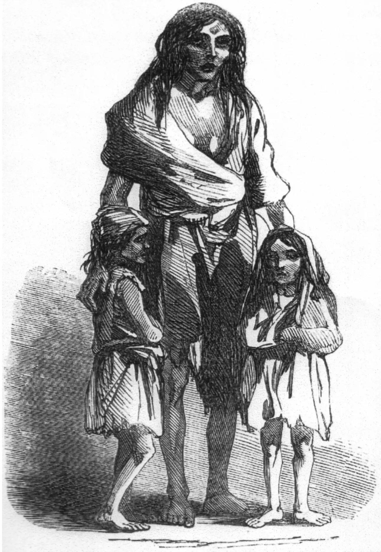 1849 engraving of Bridget O'Donnel and her two children, a destitute family from the Great Famine in Ireland