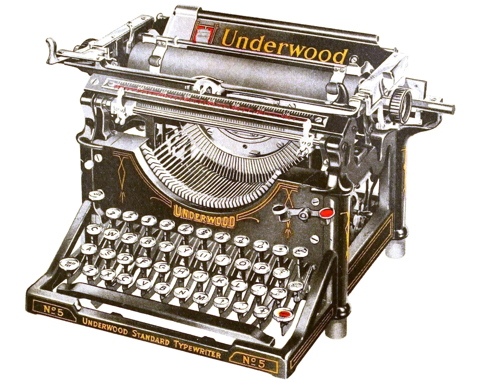 Colour illustration of an Underwood No. 5 typewriter from a 1924 advertisement