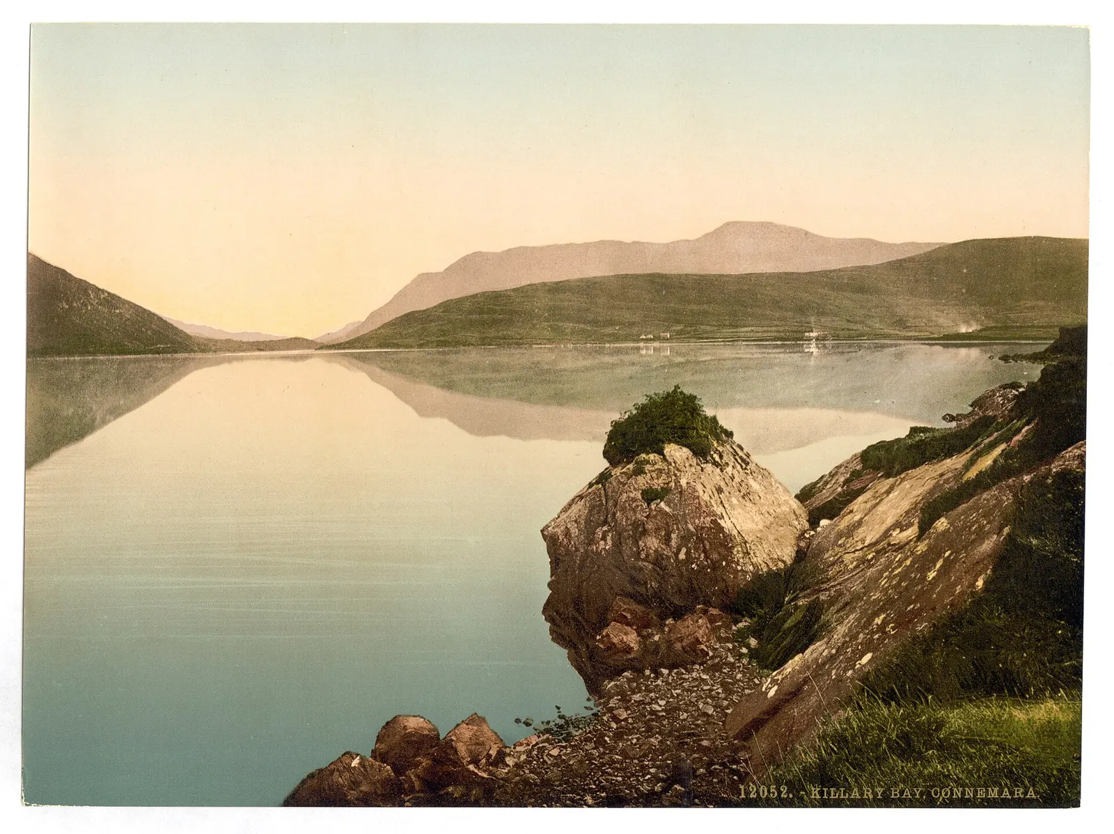 Photochrom of Killary Bay in Connemara, County Galway, with mountains above the water, 1890s