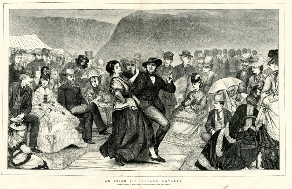 Engraving from The Graphic, 1871, of dancers performing an Irish jig at a picnic at Glendalough