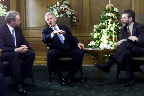 President Bill Clinton meeting Gerry Adams and Martin McGuinness at Parliament Buildings, Stormont, on December 13, 2000