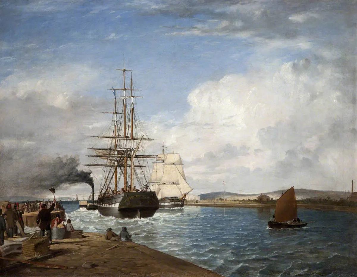 Painting from 1852 by James Glen Wilson of an emigrant sailing ship leaving Belfast Lough, now in the Ulster Museum