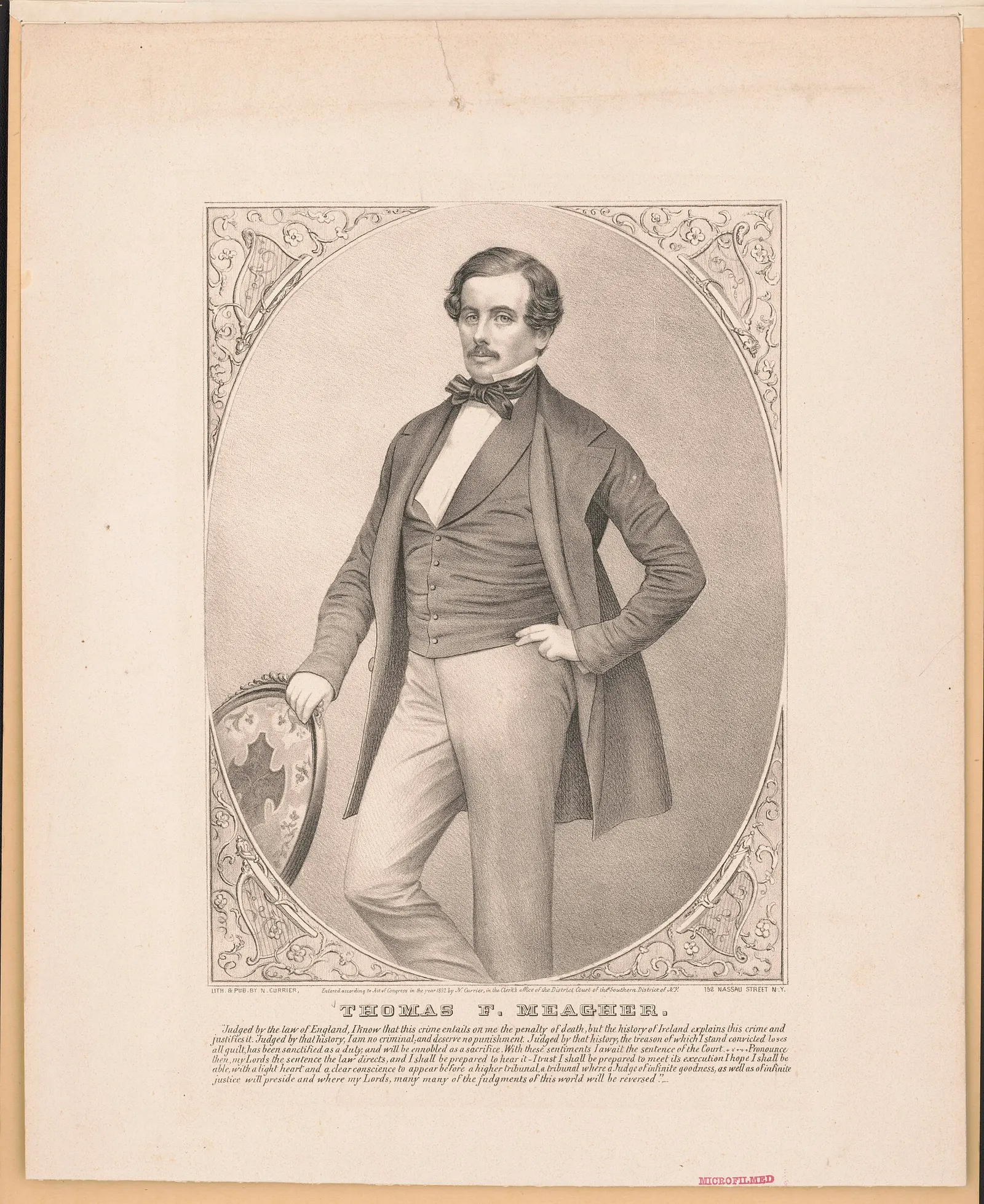 19th-century lithograph portrait of Thomas Francis Meagher, the Young Irelander transported in 1849 who later became a Union general