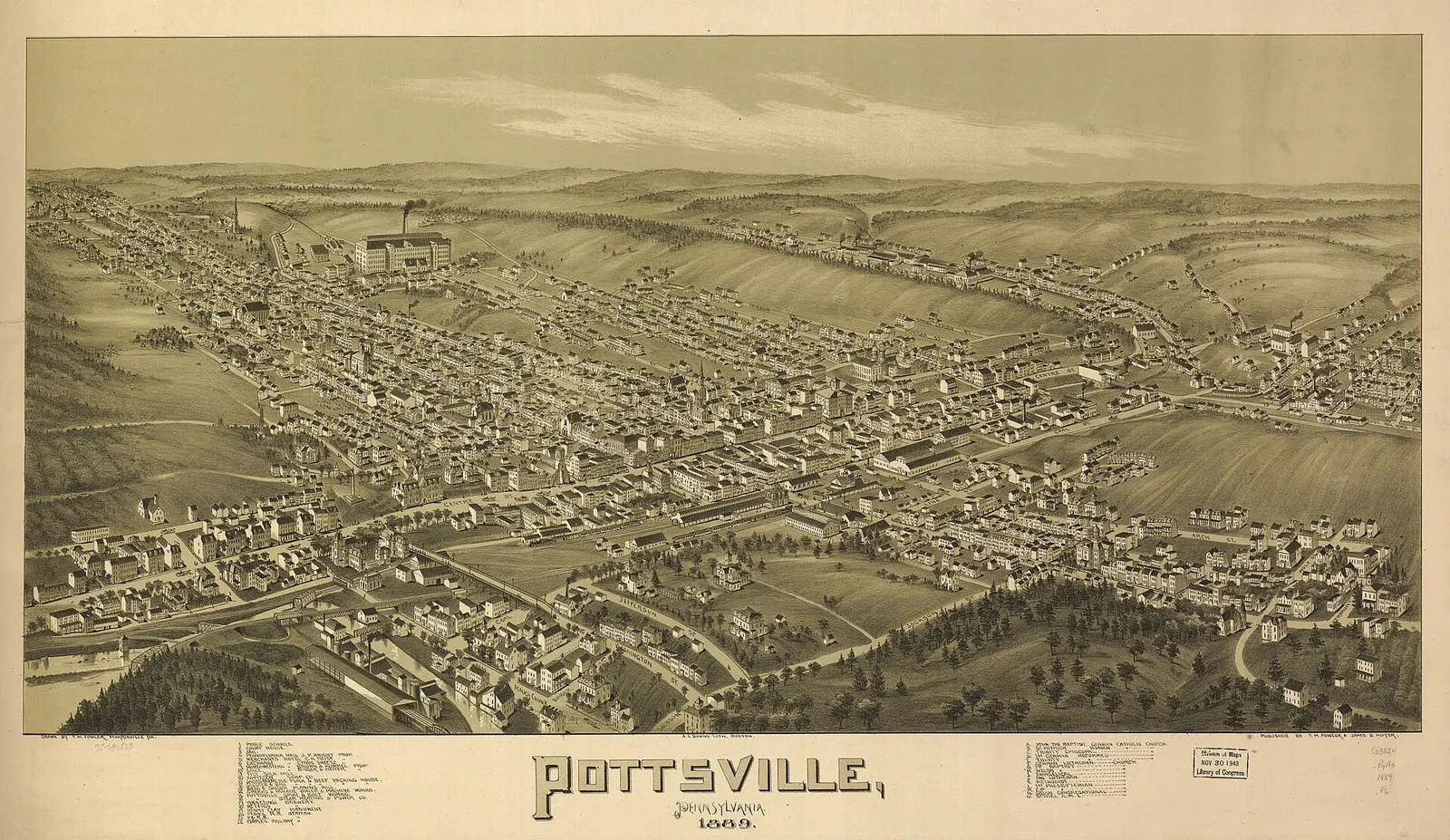 Bird's-eye view map of Pottsville, Pennsylvania, drawn in 1889, showing streets, houses and hills around the town