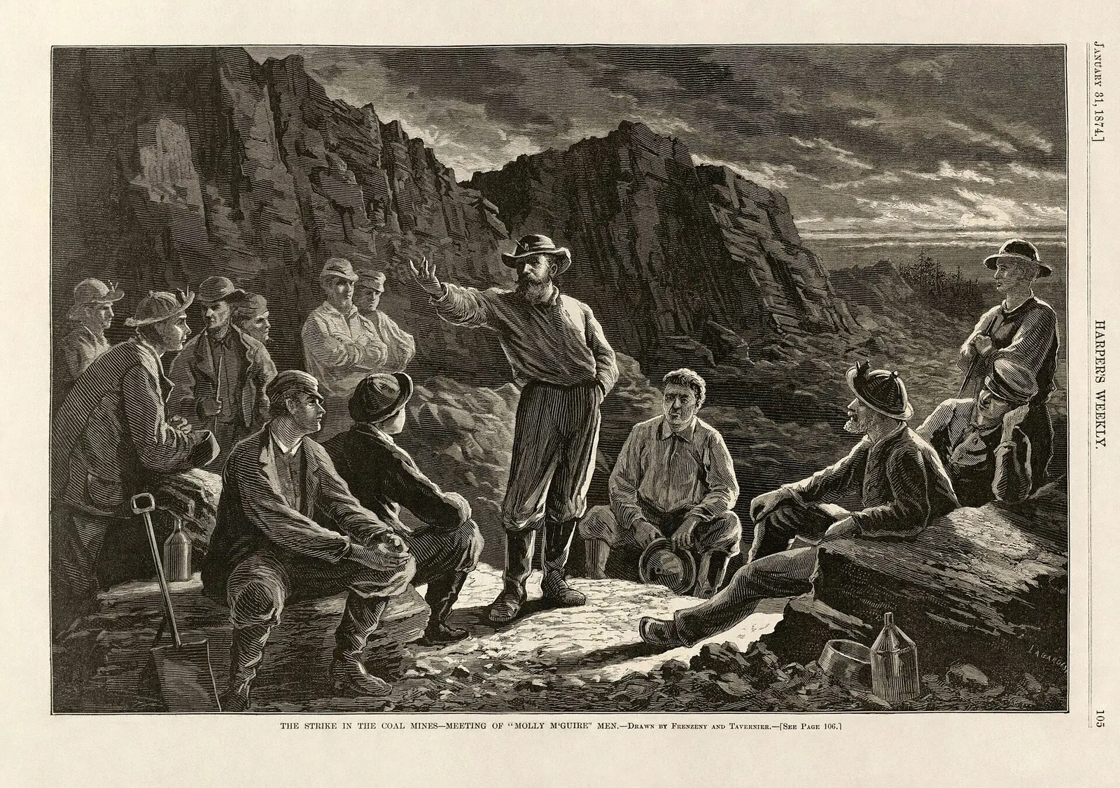 Harper's Weekly engraving from January 1874 titled The Strike in the Coal Mines, showing a night meeting of Molly Maguire men